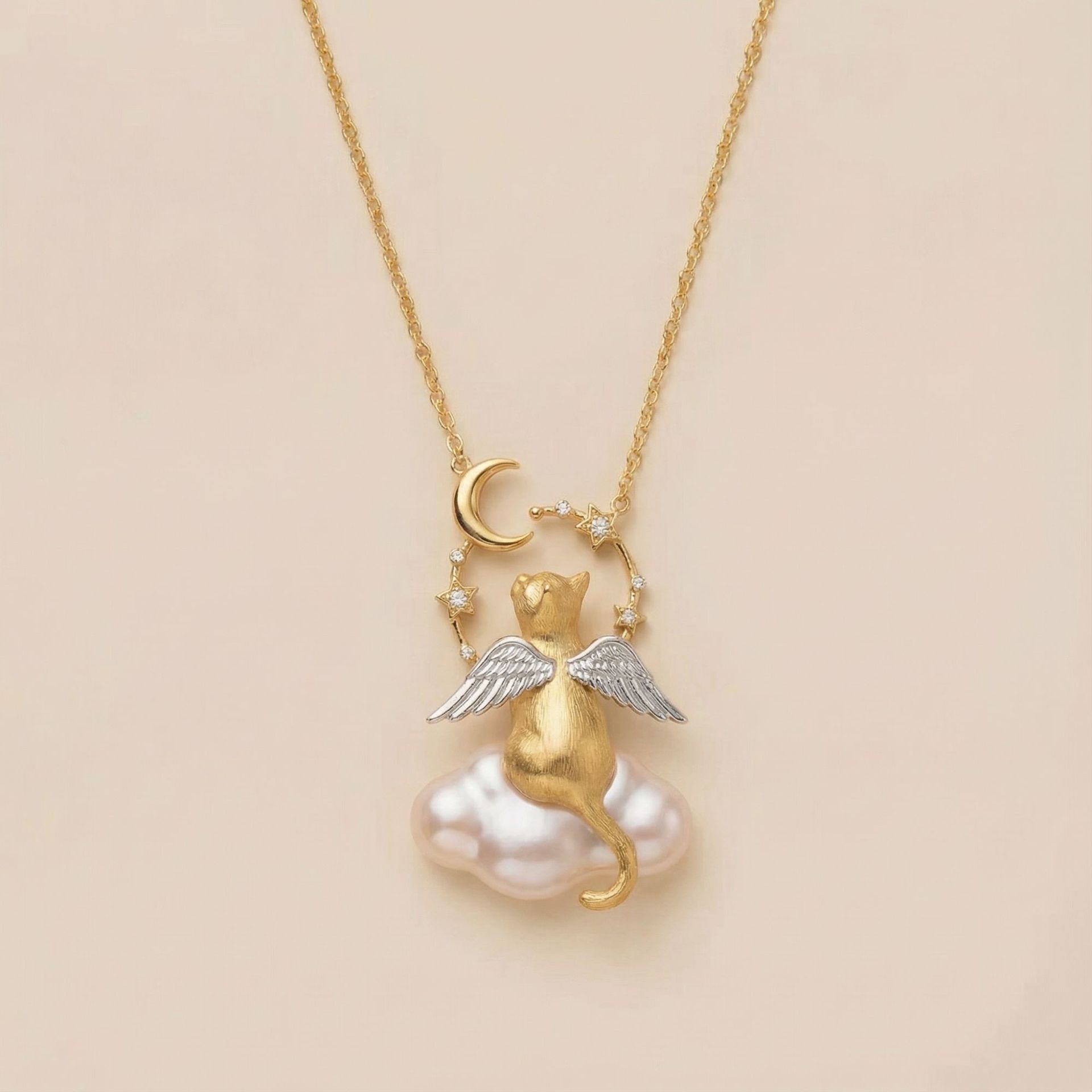 

Dream Cat Necklace Angel Cat Pearl Cloud Star Moon Diamond Jewelry Commuter Niche Jewelry