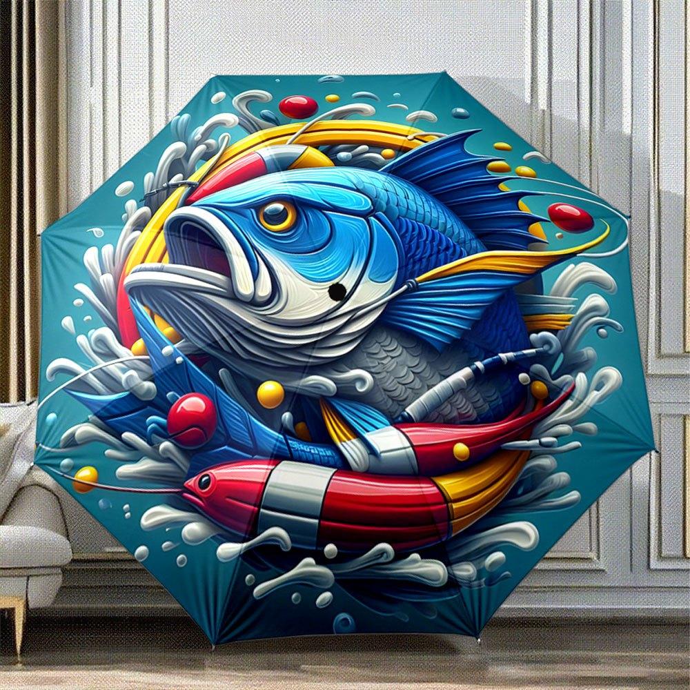 

Automatic Folding Umbrella A colorful fish surrounded by waves and fishing gear. Portable collapsible design, casual outdoor a (as the picture,Iron&8K)