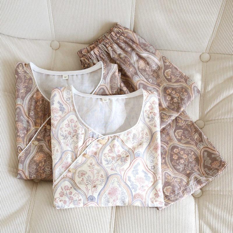 2026 New Women's Spring and Autumn Pajama Set 100% Cotton Gauze Ancient Style Pattern Soft Round Neck Long Sleeve Home Clothes