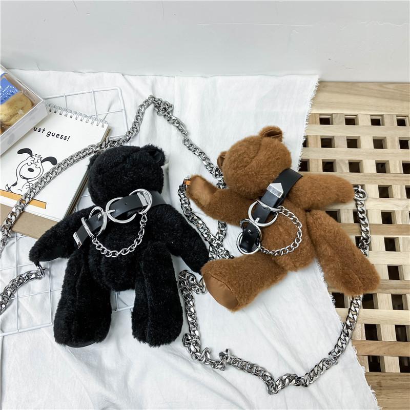Trendy Personality Doll Plush Bag, Cartoon Bear Bag, Women's Trendy Cool Street Chain, One Shoulder Messenger Bag.