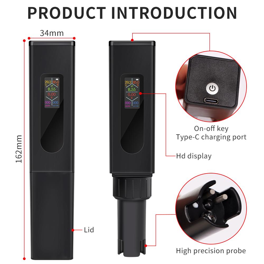 Portable 5 in 1 Water Quality Tester Digital EC TDS Salinity TEMP PH Tester Type-C Rechargeable EC Detector for Aquarium Pool