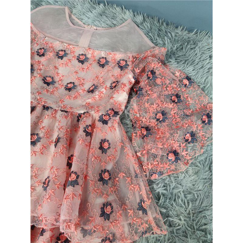 Export Single Lady Mesh Embroider Flower Pink Perspective Fashion Sweet 3/4 Flare Sleeve Special Dress