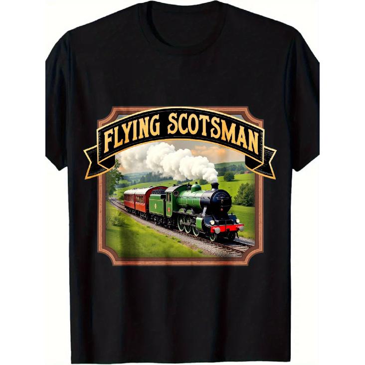 Men s & Women s Vintage Flying Scotsman Locomotive T-Shirt - Scottish Steam Train Graphic Tee, Black Retro Railway Design, Casual Short Sleeve Shirt S чёрный