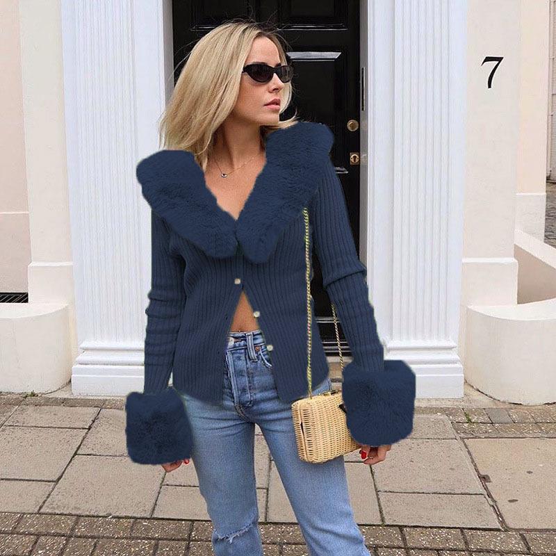 Top Invernali da Donna a Maniche Lunghe Sexy con Collo in Pelliccia Giacca a Maglia Top