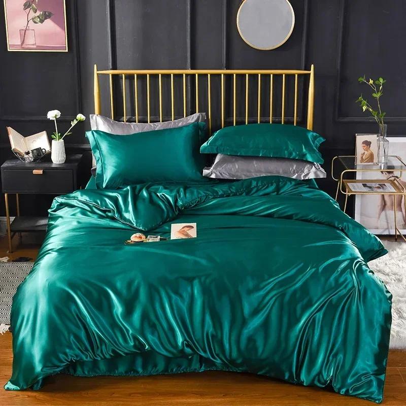 Hochwertiges Fleckenschutz-Bettwäsche-Set Doppelbett Imitation Seide Luxus-Bettwäsche-Set Queen Bequeme Seidige Deckenhülle Bettdeckenbezug-Set