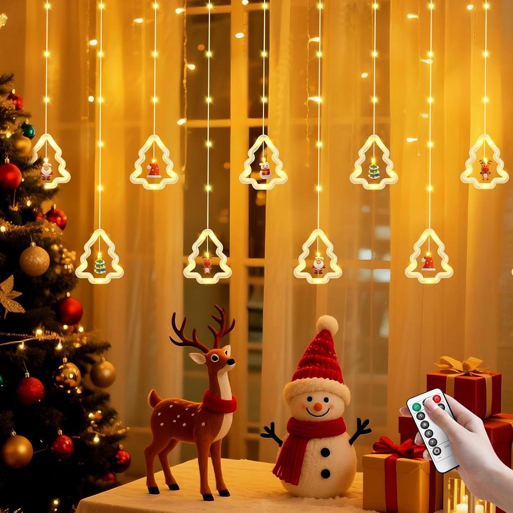 Christmas Tree Curtain Lights, Christmas Window Lights Decor with Remote,8 Lighting Modes, IP65 Waterproof, 10 Hooks Christmas Decorations Indoor