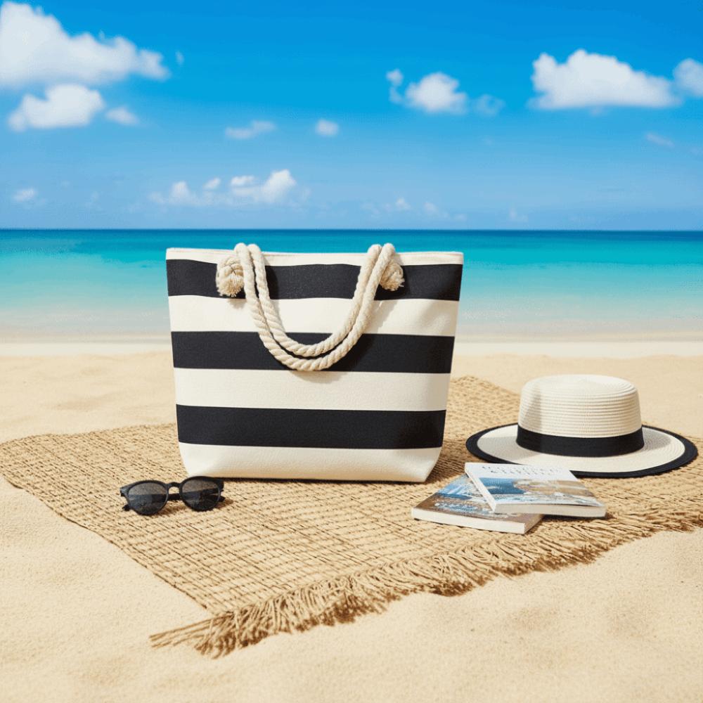Striped Beach Tote Bag Canvas Foldable Shoulder Bag Zipper Large Capacity Travel Handbag For Travel Work Beach Gym Store