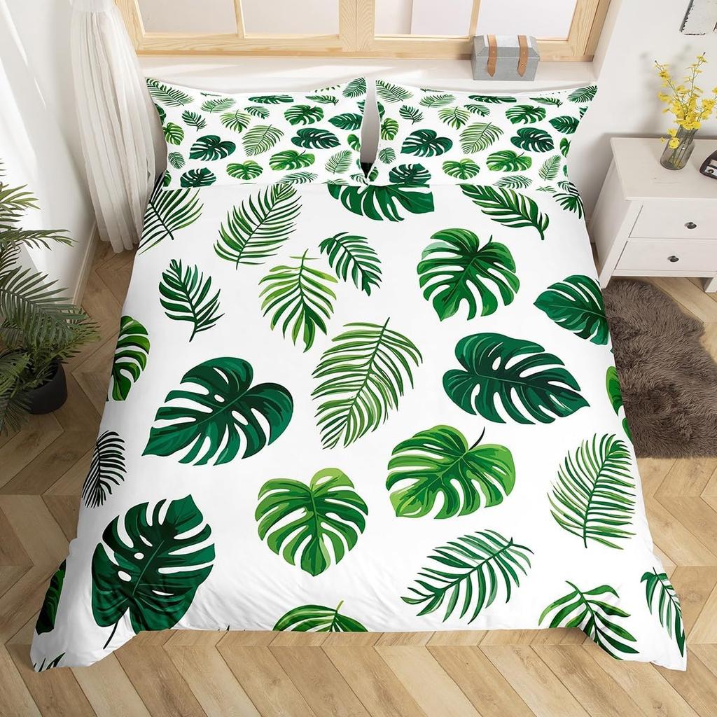 Tropical Botanical Duvet Cover Gold Palm Tree Leaf Comforter Cover King Jungle Nature Theme Watercolor Plant Leaves Bedding Set
