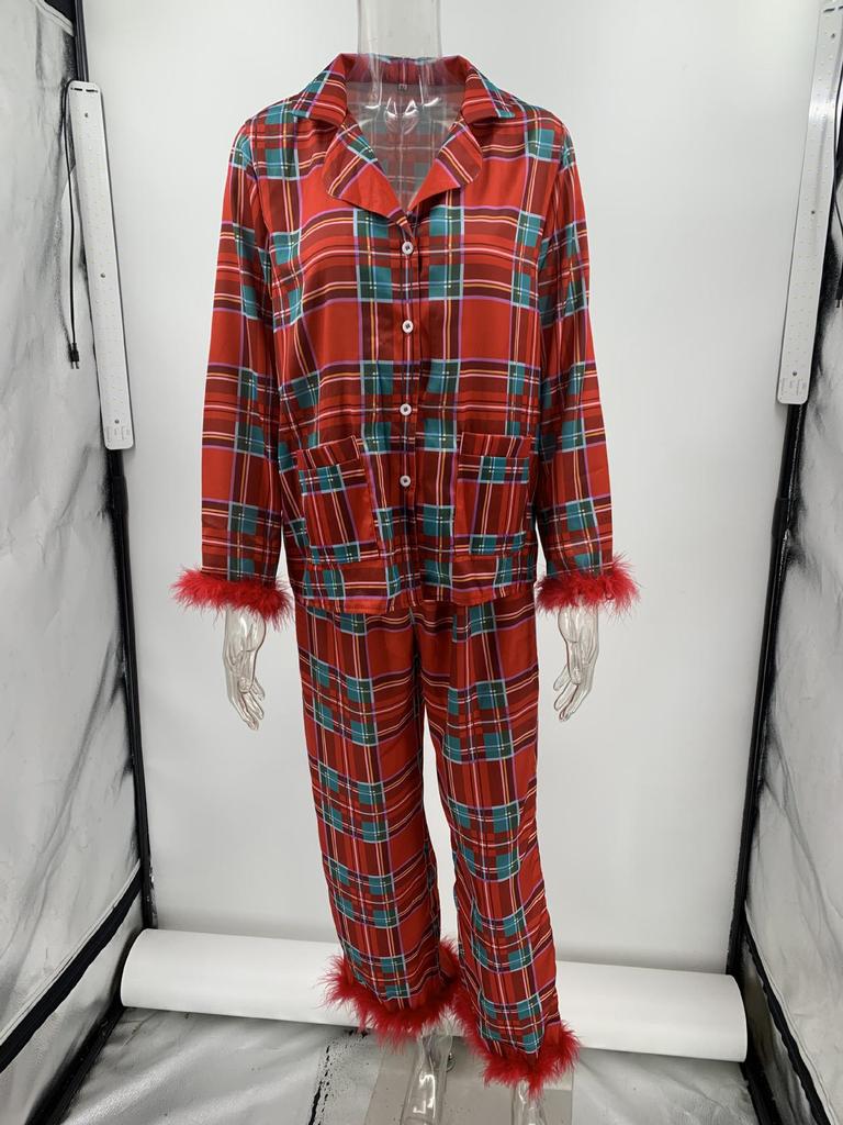 Świąteczny satynowy nadruk casualowy zestaw piżamowy dla Europy i Ameryki