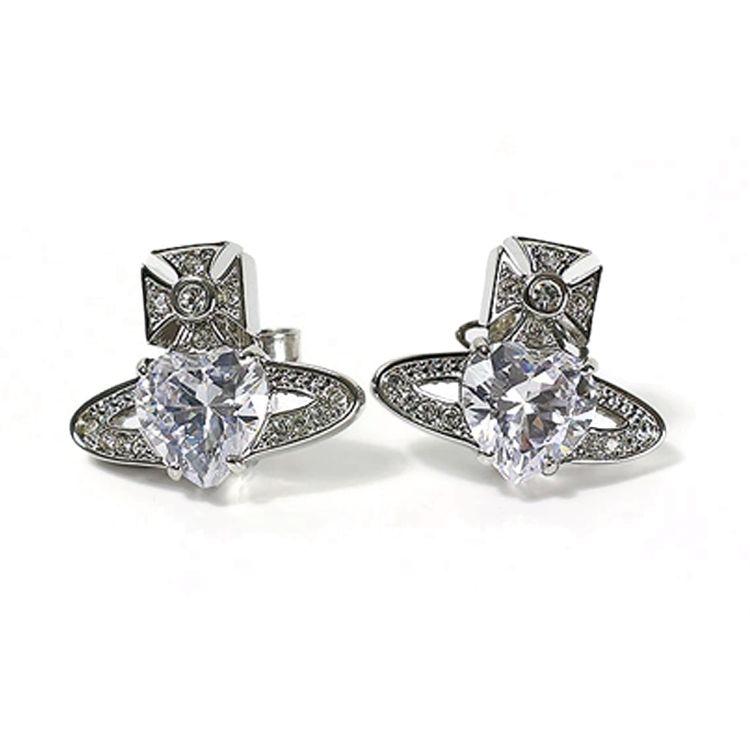 

Vivienne Westwood Heart Shaped Brass Crystal Earrings Women earrings Silver 119021 Basic Packaging-Dust Bag+Box,F,Silver