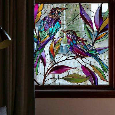 Retro Stained Hummingbird Window Glass Electrostatic Stickers Stained Glass Window Film Decorative Leaves Bird Window Cling Glass Window Sticker KTY