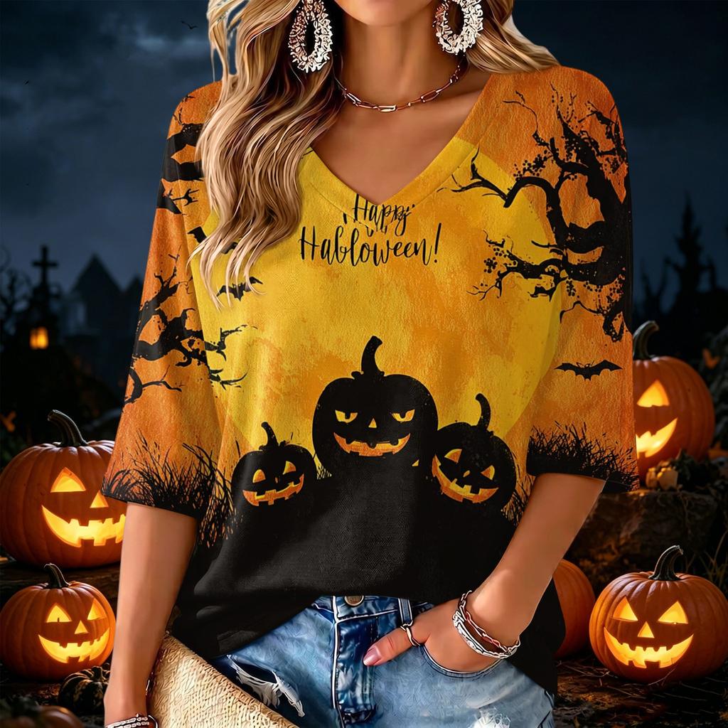 Women's V-Neck Halloween Print Lightweight Blouse for Spring and Summer