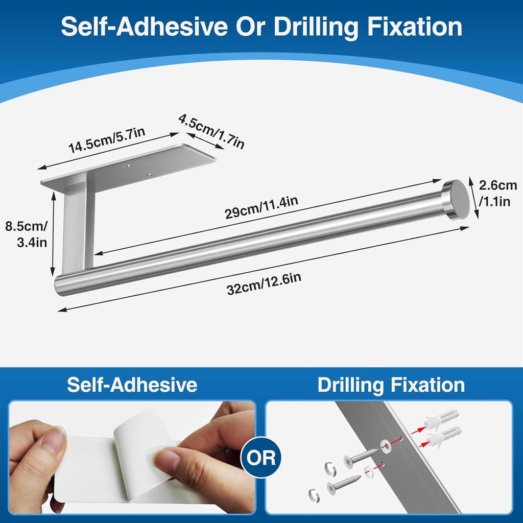 Paper Towel Holder Under Cabinet - Stainless Steel Paper Towel Holder Wall Mount, Self-Adhesive or Drilling, Silver Towel Rack for Kitchen