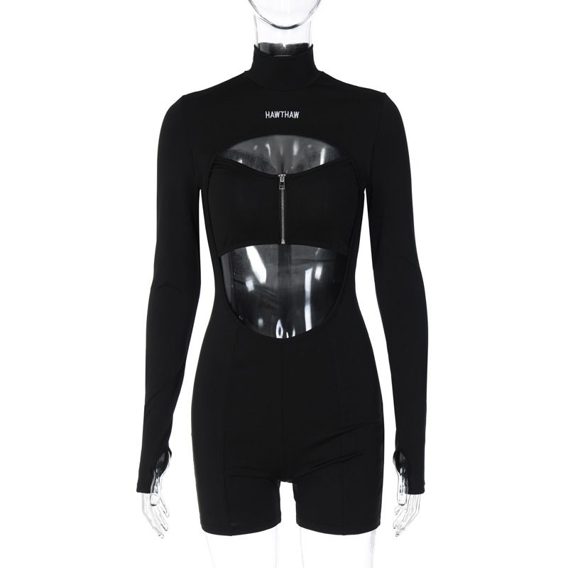 

2023 Сексуальный комбинезон с вырезом на груди на молнии и круглым вырезом Black M