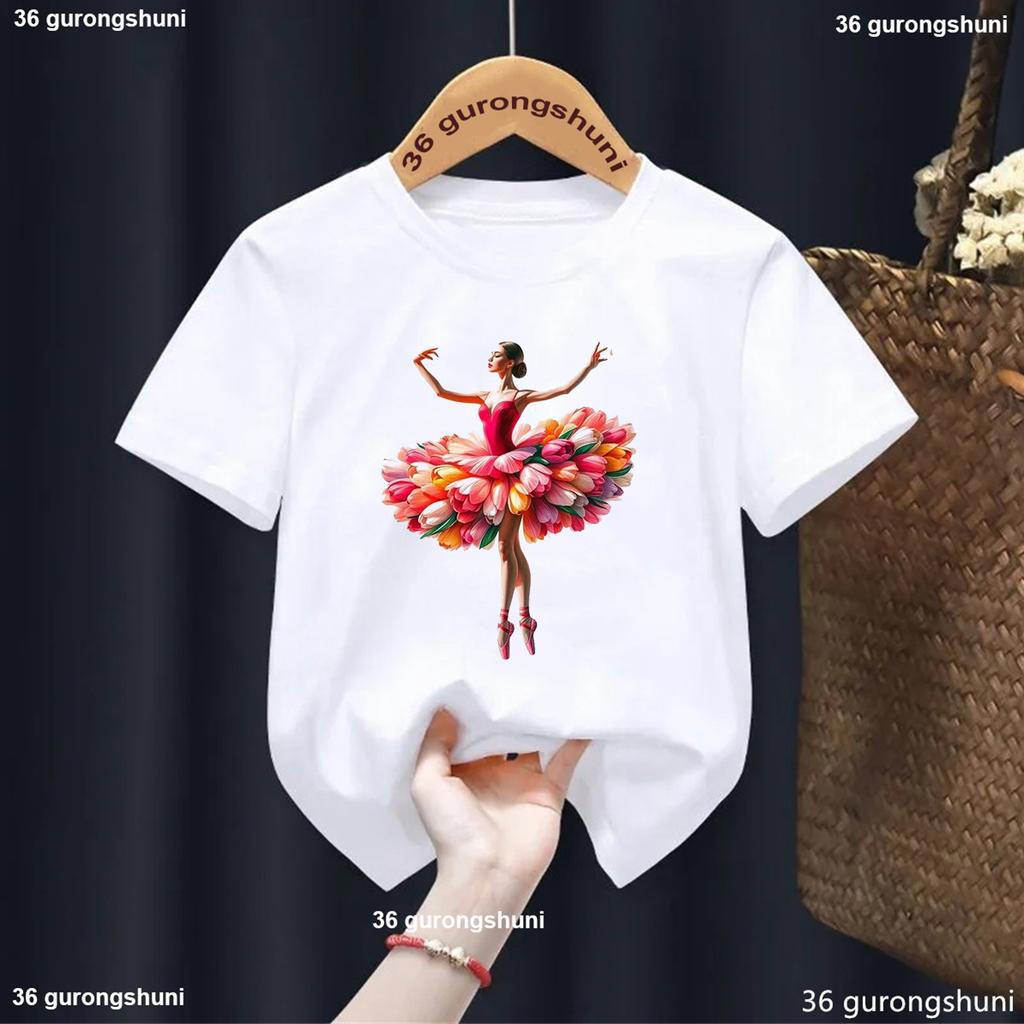 Cute Girl Ballet Dance Printed Cotton Childerns T-shirts Kawaii Girls Clothes Summer Kids Short Sleeve White Top