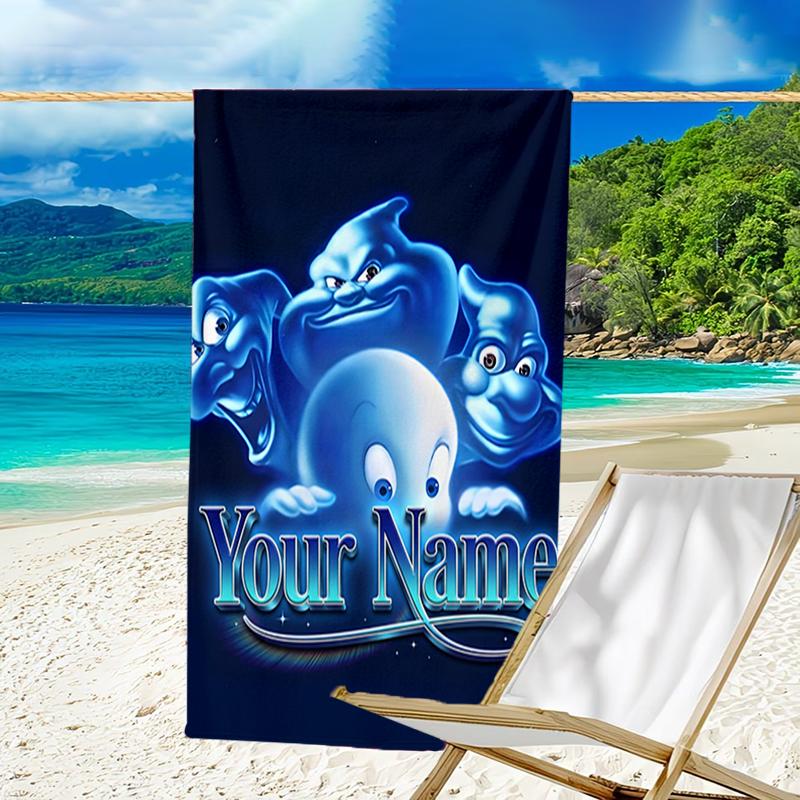 1pc Casper Beach Towel with Custom Name, Beach and Seaside Swimming Pool Equipment, Fashion Pattern, Rectangular, Travel Essential