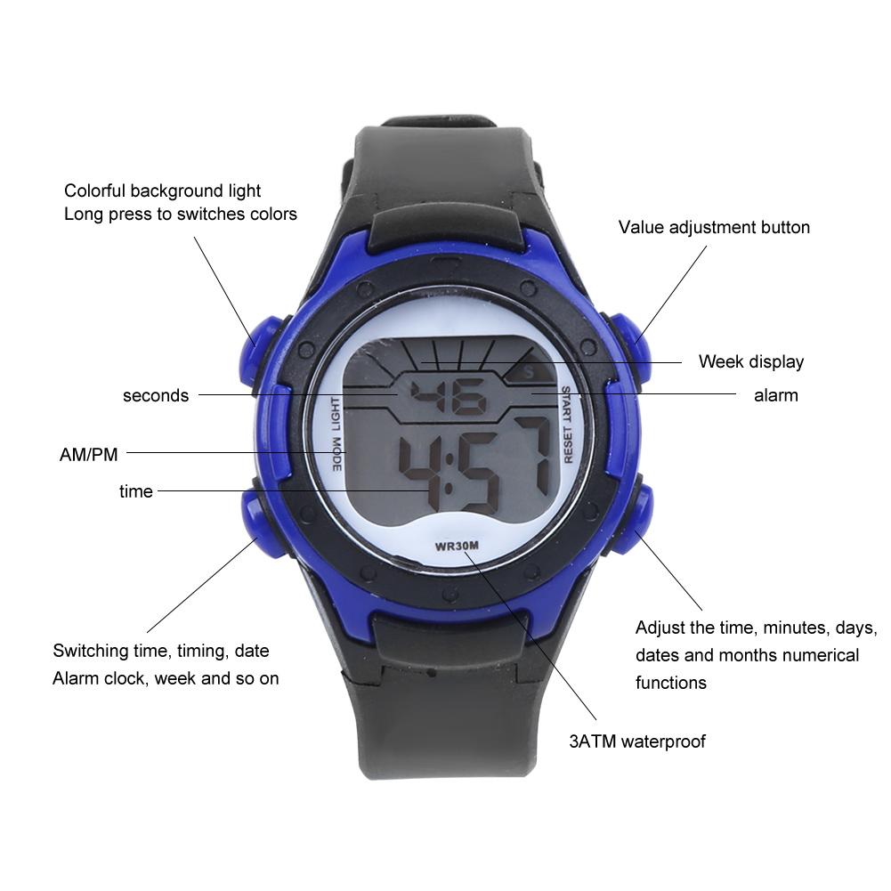 Elektronische Uhr Kinder Sport 3ATM Wasserdicht PU-Armband ArmbanduhrSchwarz