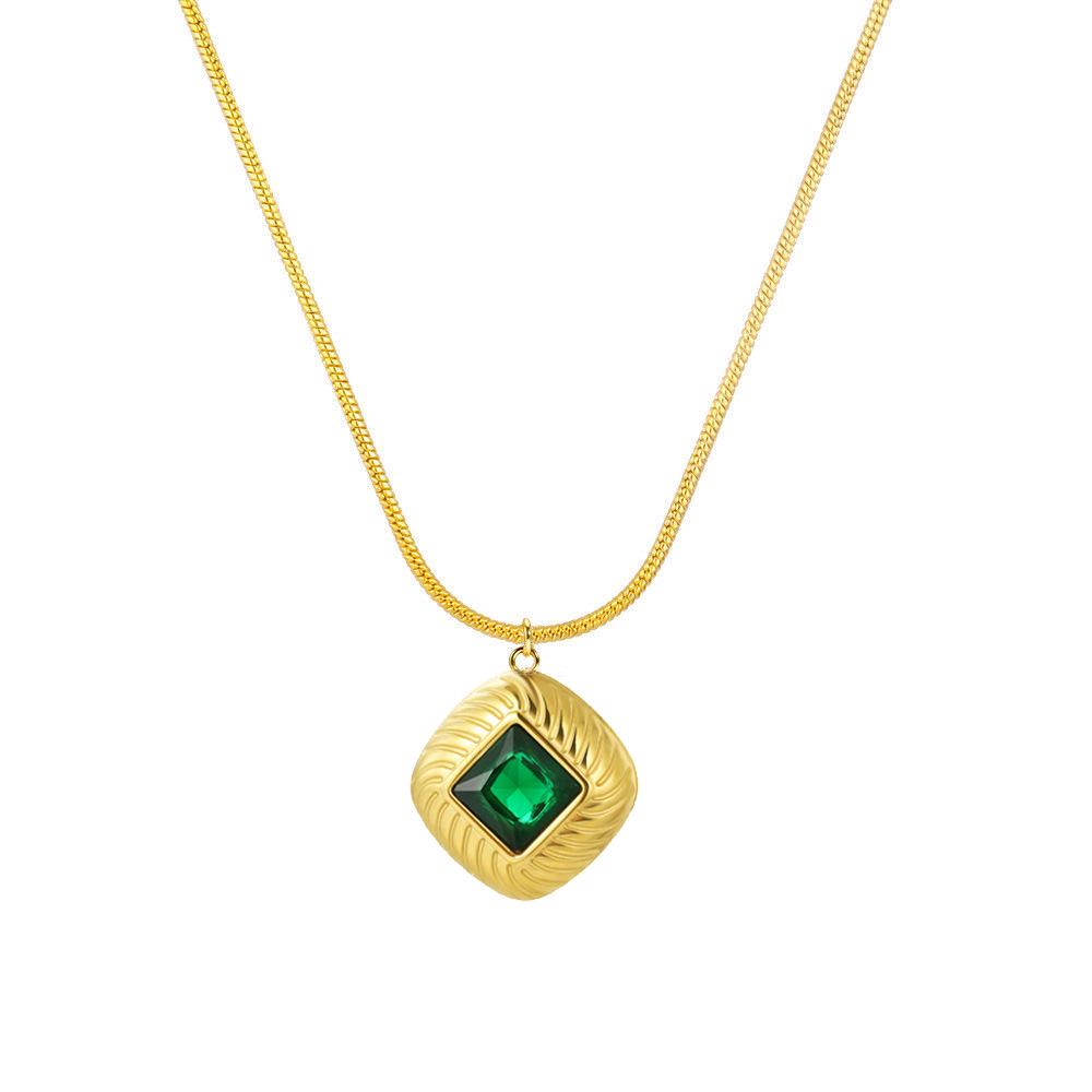 18K Gold Emerald Square Pendant Necklace with Rhombus Twill Zircons