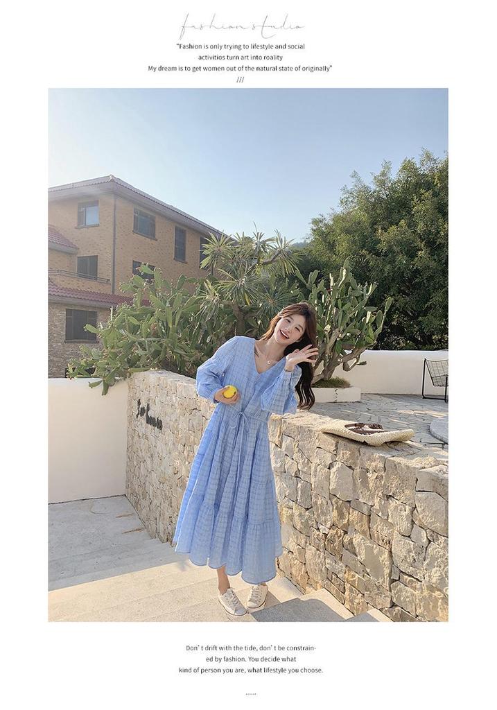 2026 Spring Blue Romantic Chic French Plaid Long Sleeve Maternity Dress