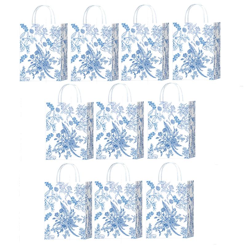 10pcs Paper Gift Bags Elegant Blue & White Parties Porcelain Floral Tote Bags Chinese