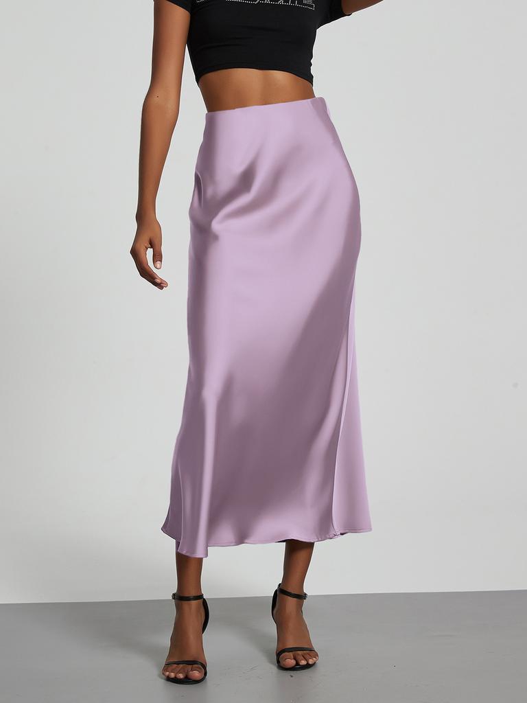 Women's Clothing Elegant Satin Midi Skirt Slim Fit High-Waisted Dress