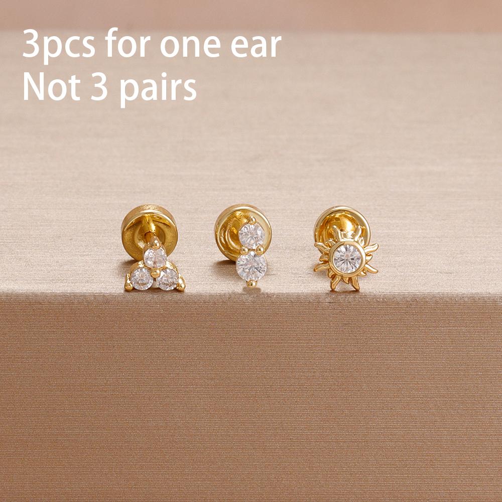 3PCS Simple Fashion Blue Flower Drop Earrings Set For Women Girl 18K Gold-Plated Zirconia Star Sun Stud Earring Piercing Jewelry