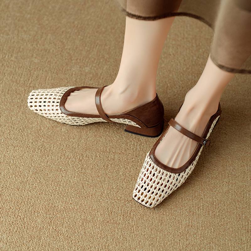 Krazing Pot Cow Skin Weaving Summer Size 41 Low Heels Party Shoes Women Square Toe Gladiator Hollow Out Pumps