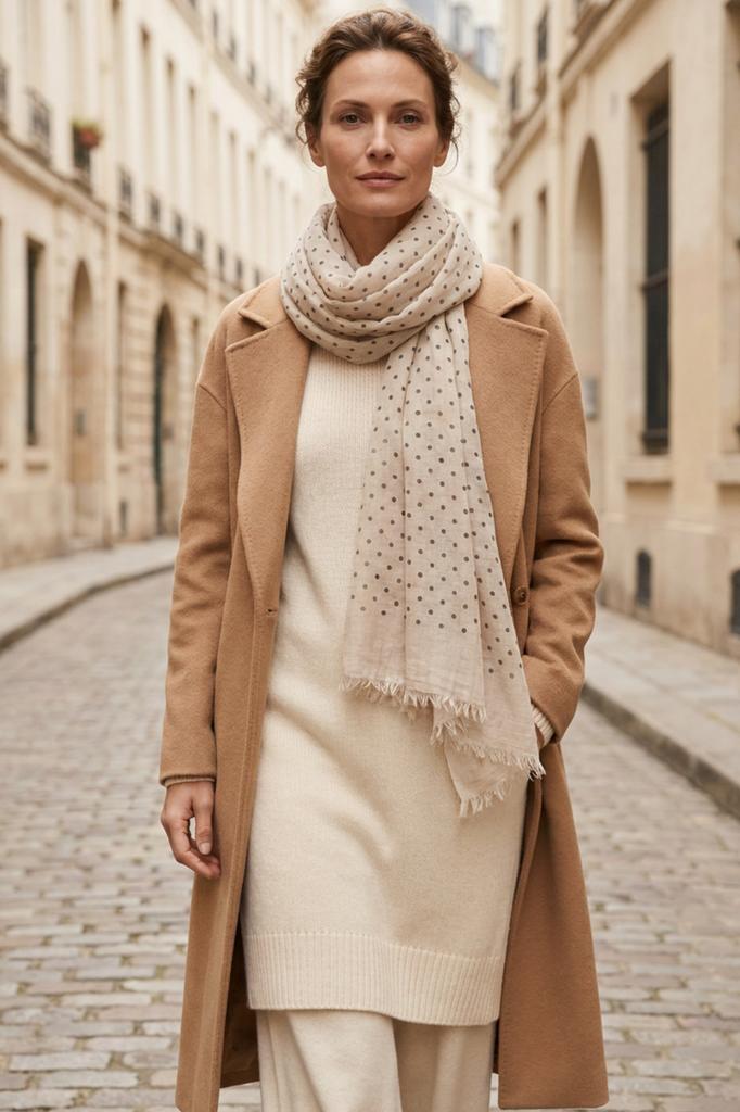 Cream Polka Dot Scarf - 50% Viscose, 50% Cotton
