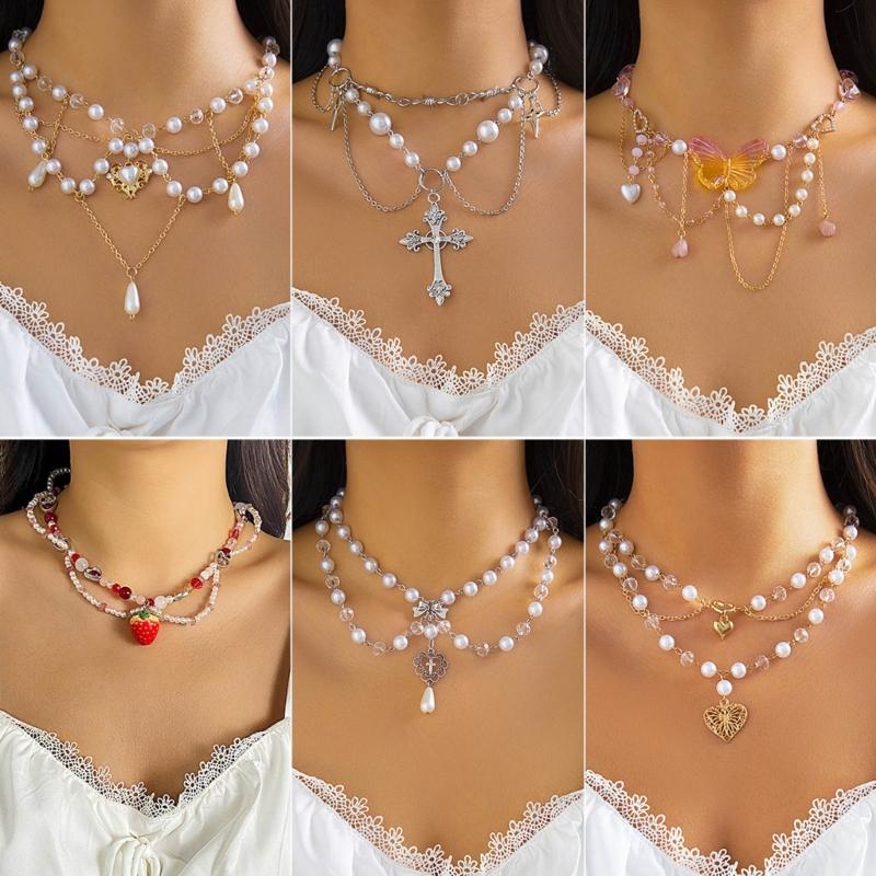 Strawberry Necklace Imitation Pearl Choker Bohemia Layer Crystal Clavicle Chain Delicate Sweet Necklace for Women Girl