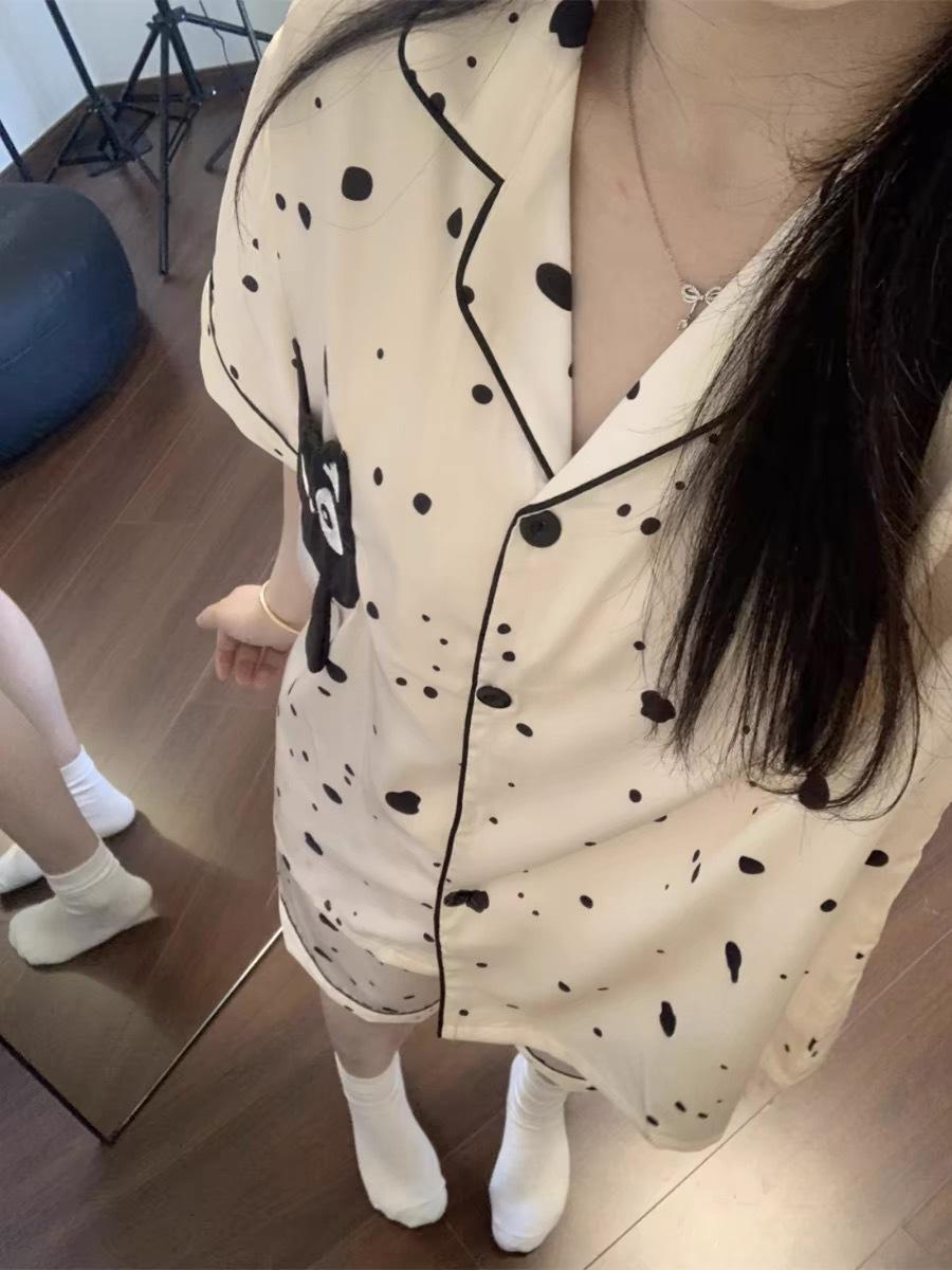 New polka dot black cat pajamas women s summer short-sleeved shorts ins wind two-piece set women s casual loungewear S