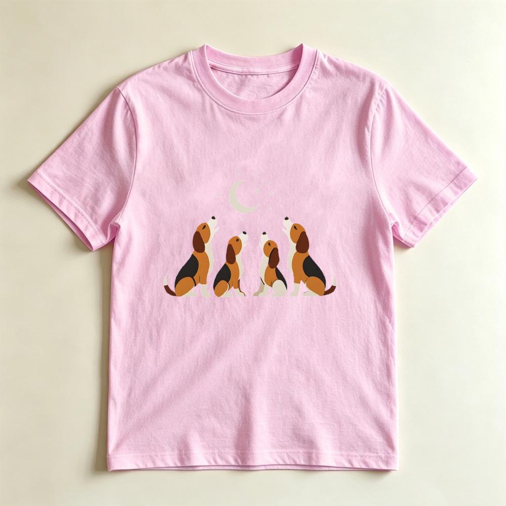 Howling Beagle Family Under The Moon Tee Beagle Lover Gift TShirt Unisex Crewneck Cotton Short Sleeve Cute Dog Owner Casual Tops S