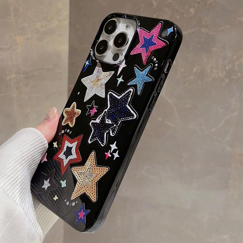 Korean Lovely Colorful Stars Phone Case For iPhone 11 12 13 14 15 16 Pro Max Plus XR X XS 7 8 Plus SE2 Glossy Black Soft Cover