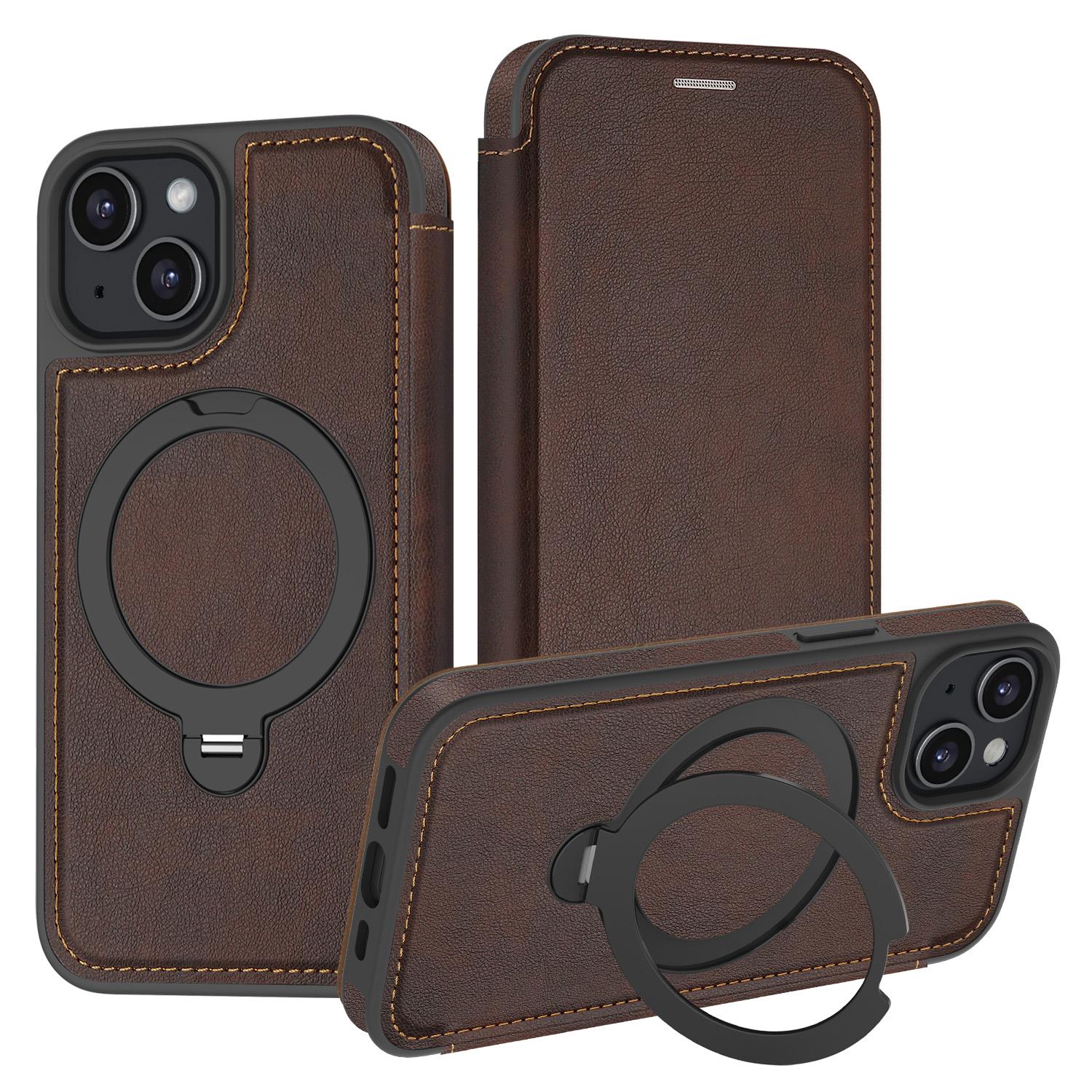 

For iPhone 15 Case Compatible with MagSafe RFID Blocking Leather Wallet Cover with Rotating Ring Kickstand