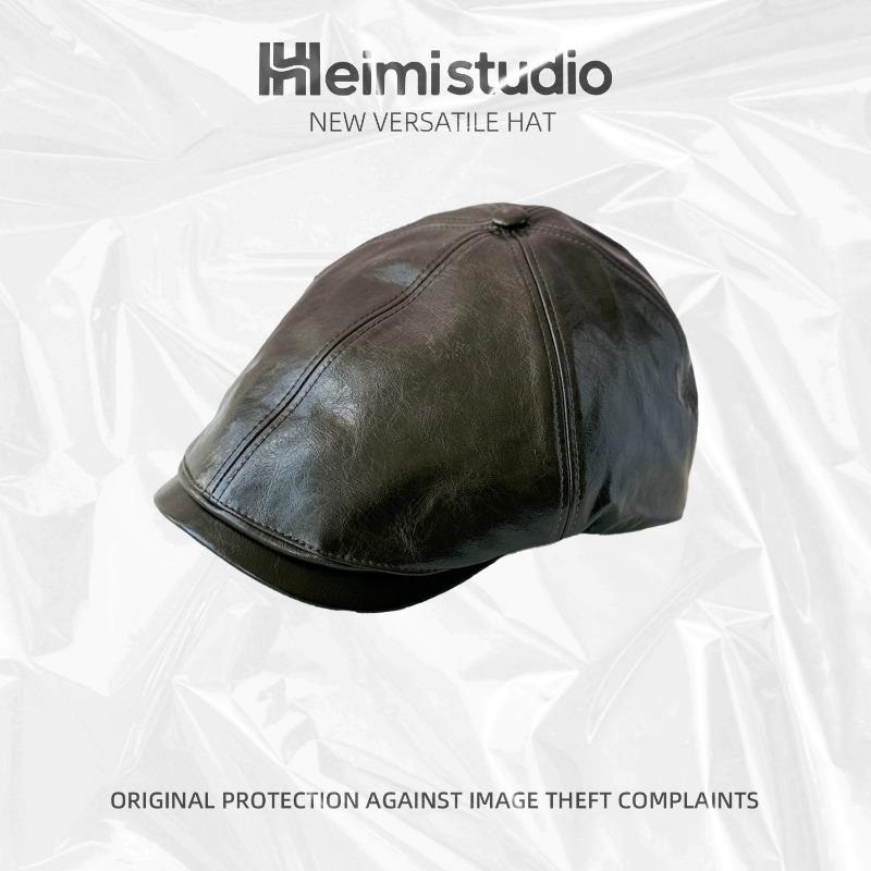 Vintage street trendy hat leather forward hat men's and women's autumn shiny leather beret fashion versatile painter hat