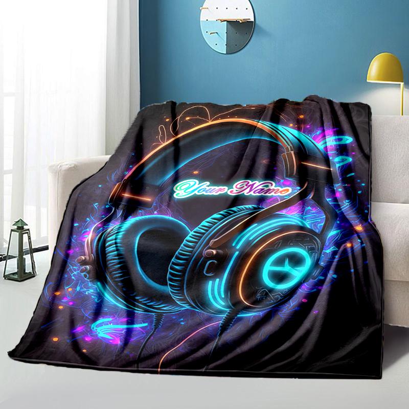 1PC Custom Name Neon Headphones Glow Art flannel blanket versatile,all-season throw suitable for the living room,bedroom,camping,travel,and gift