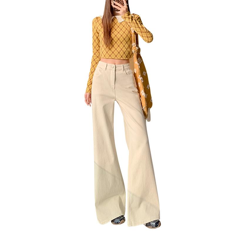Rice apricot slightly pulled jeans women's early spring new high-waisted straight tube loose and thin, no legs, horn pants