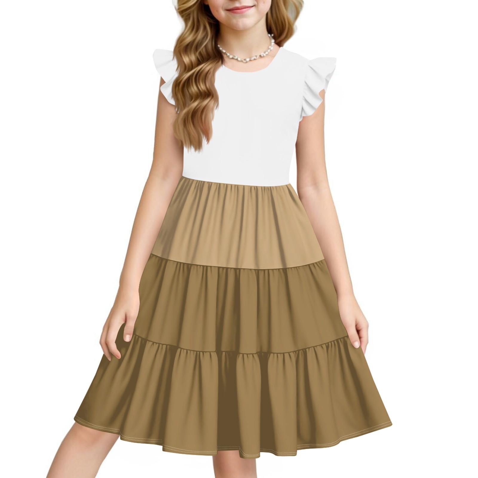 Summer children s dress Girls print casual cute round neck princess dress 140 коричневый