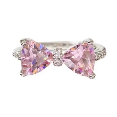 Pink Crystal Stone Bowknot Ring For Women Girl Wedding Party Jewelry Accessories Gift Adjustable Silver Plated Ring