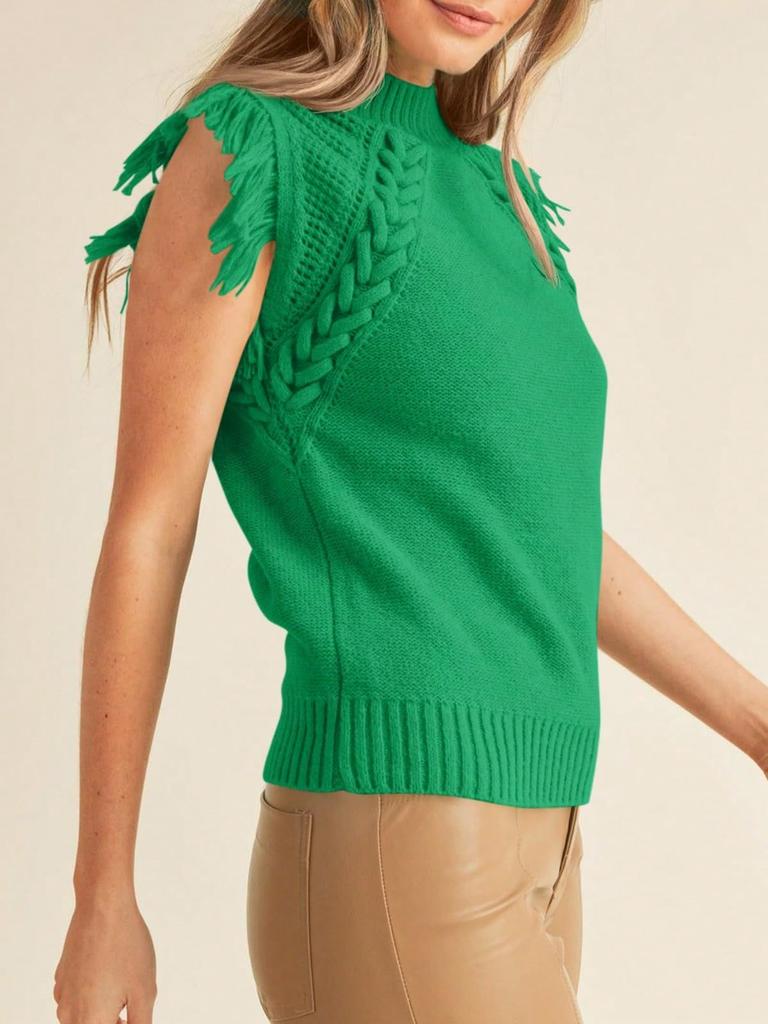 Vestă pulover tricotată cu torsade pentru femei, guler înalt, franjuri, stil boho, fără mâneci, pulover, maiou