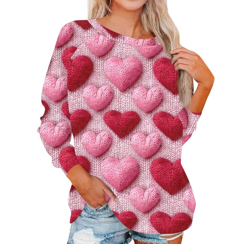 Damen Modisches Rundhals Schulter Langarm Valentinstag Bedrucktes Lässiges Pullover-Oberteil