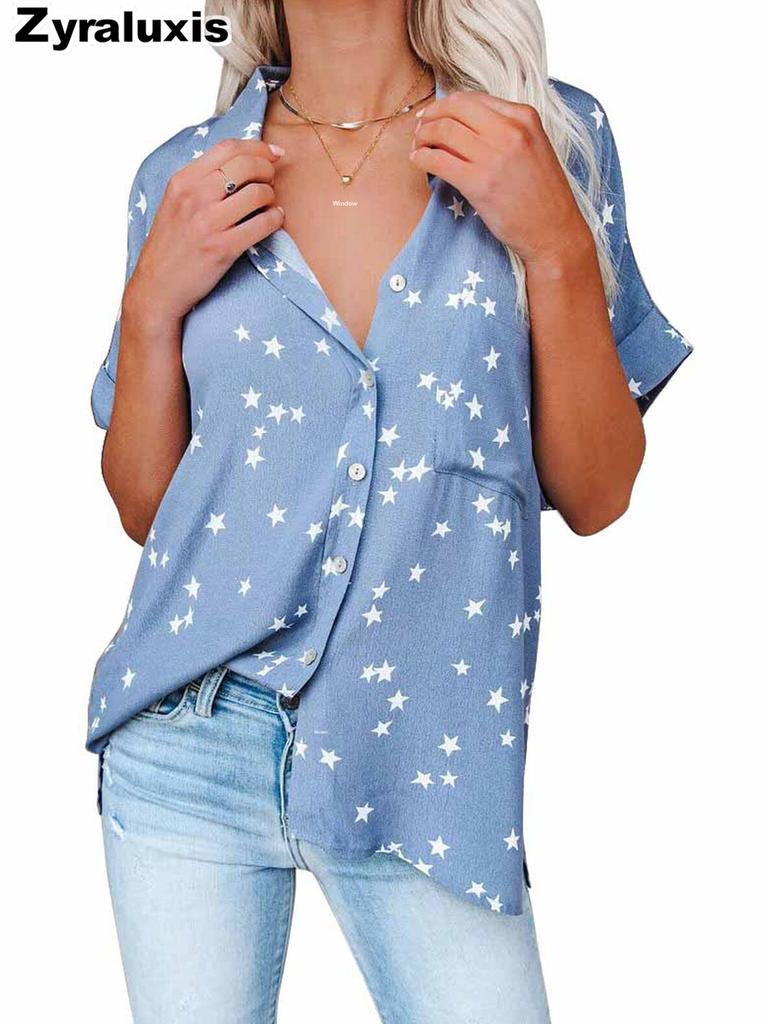 Summer Women's Clothing New Star Printed V-Neck Ruffled Batwing Short Sleeve