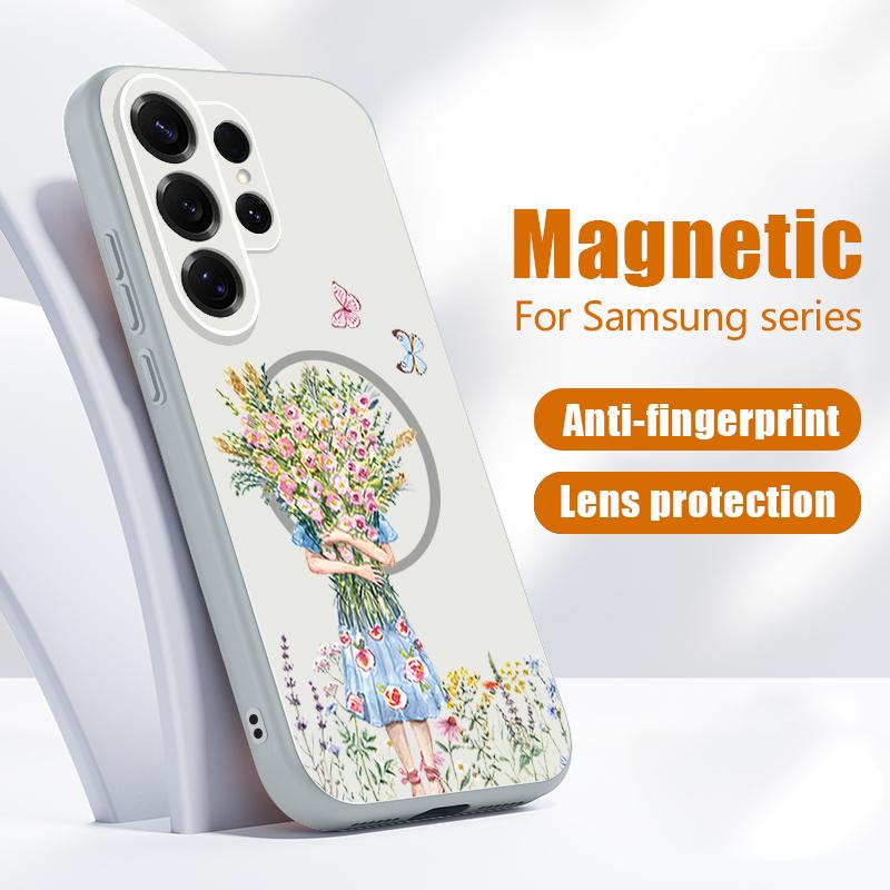 Cartoon Flower Girl Pattern Case For Samsung Galaxy S26 Ultra S25 Edge S24 Plus S23 FE S22 A54 A55 A56 5G Magnetic For Magsafe Matte Cover