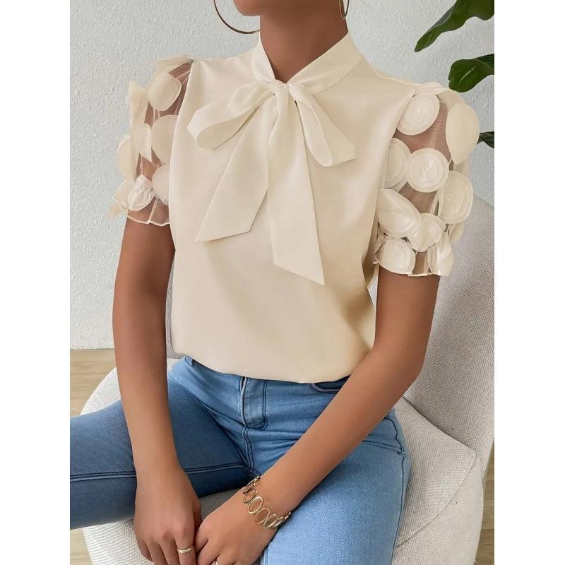 Commuter Solid Color Simple Lace-Up Bow Short Sleeve Shirt Women
