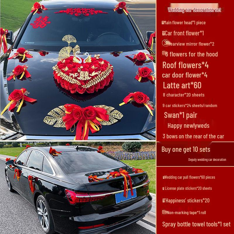 Complete Wedding Car Decoration Set: Front Flower Main Car and Lead Car Arrangement