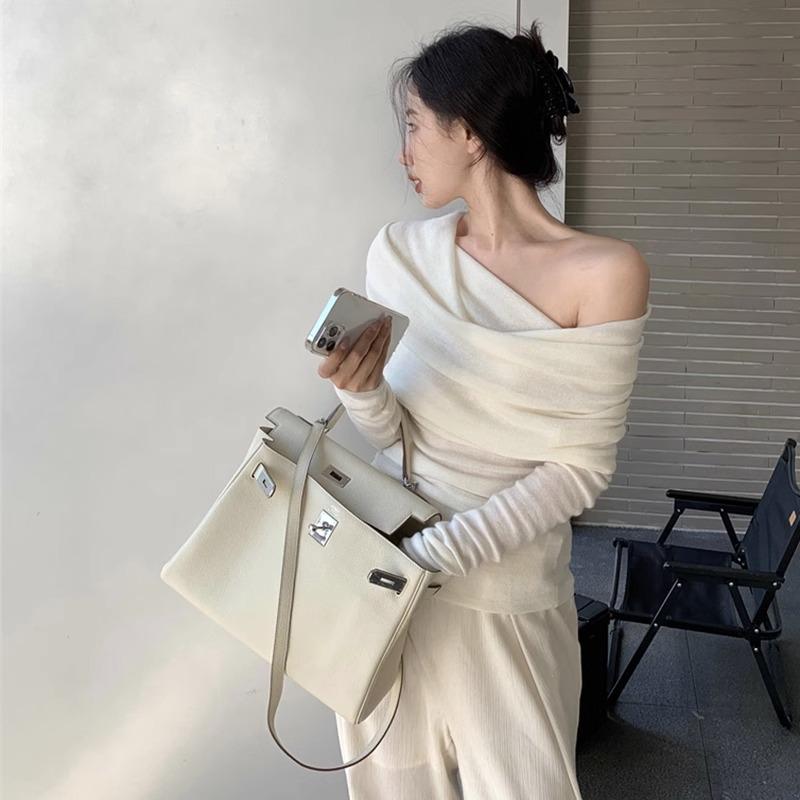 Autumn New Sexy One Shoulder Pullover Sweaters for Women Lapel Off Shoulder Long Sleeved Knitted Sweater Woman Elegant Casual Winter Knitwear 24861
