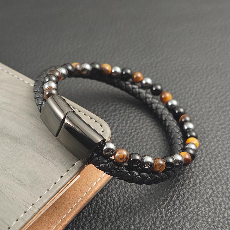 Classic Leather Beaded Bracelet Men's Stainless Steel Magnetic Buckle Bracelet Bangles For Friend Jewelry Accessories Gift