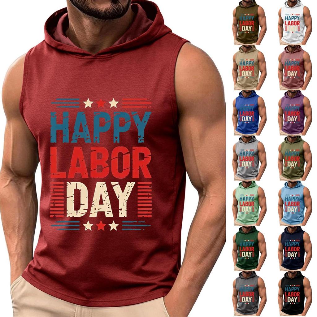 Men Sleeveless Hoodie Tank Top Casual Muscle Fit Athletic Shirt Summer Workout Gym Apparel with Labor Day Print