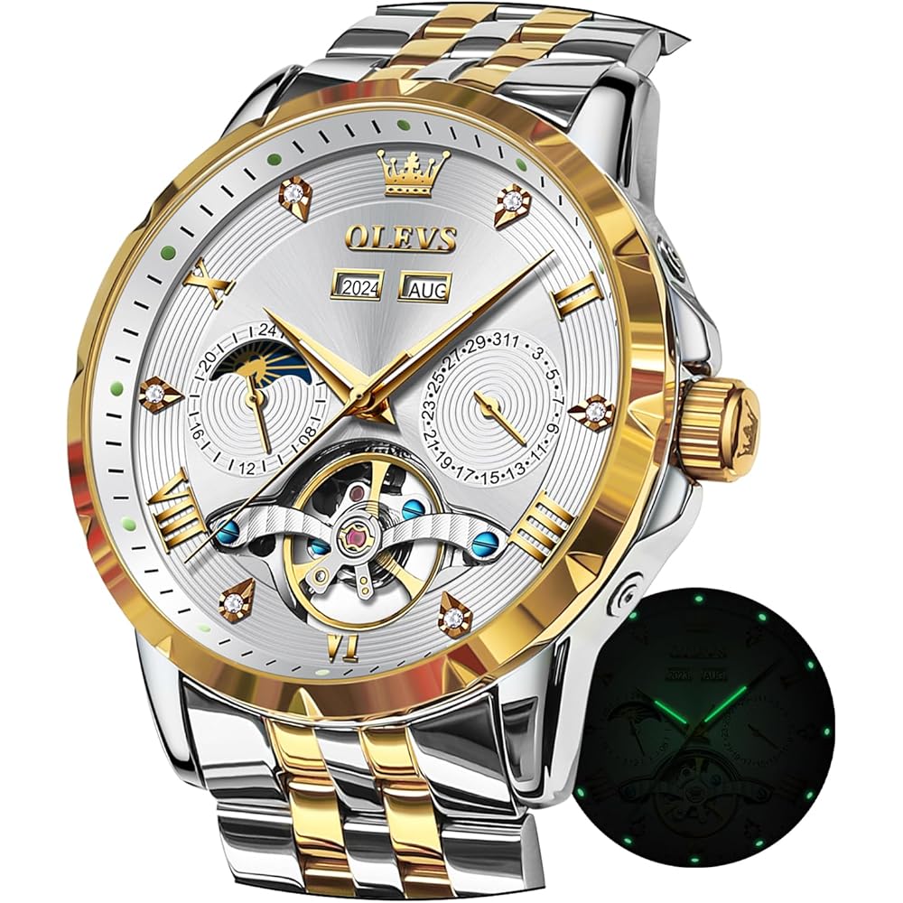 OLEVS Men s Automatic Mechanical Moon Phase Skeleton Watch Waterproof White and Gold