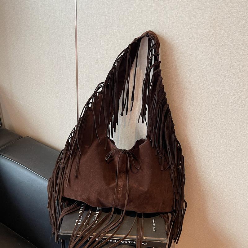 Sense of Luxury High Quality Designer Style Faux Suede Square Shoulder Bags Solid Retro Tassel Women's Handbags 2025 Winter New