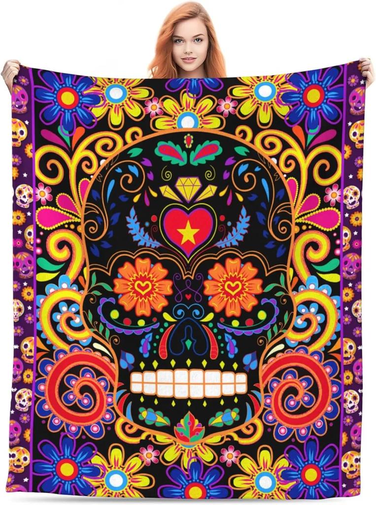 GDEVIG Day of The Dead Plush Throw Blanket Lightweight Comfy Premium Flannel UltraSoft Skull Skeleton Blanket All Season Use